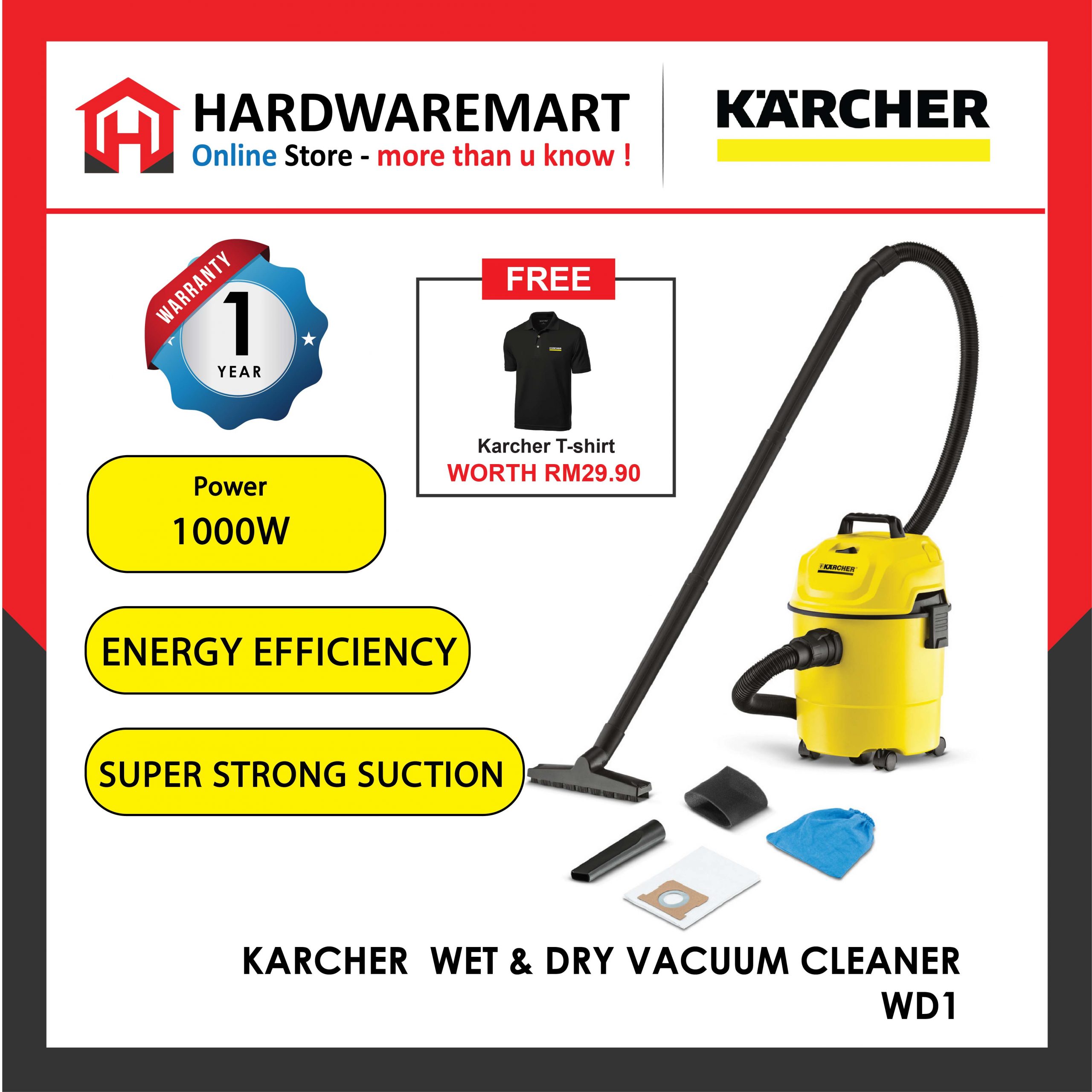 Hardwaremart-26 KARCHER WD3 WET & DRY MULTIPURPOSE VACUUM CLEANER (1000W/17L)