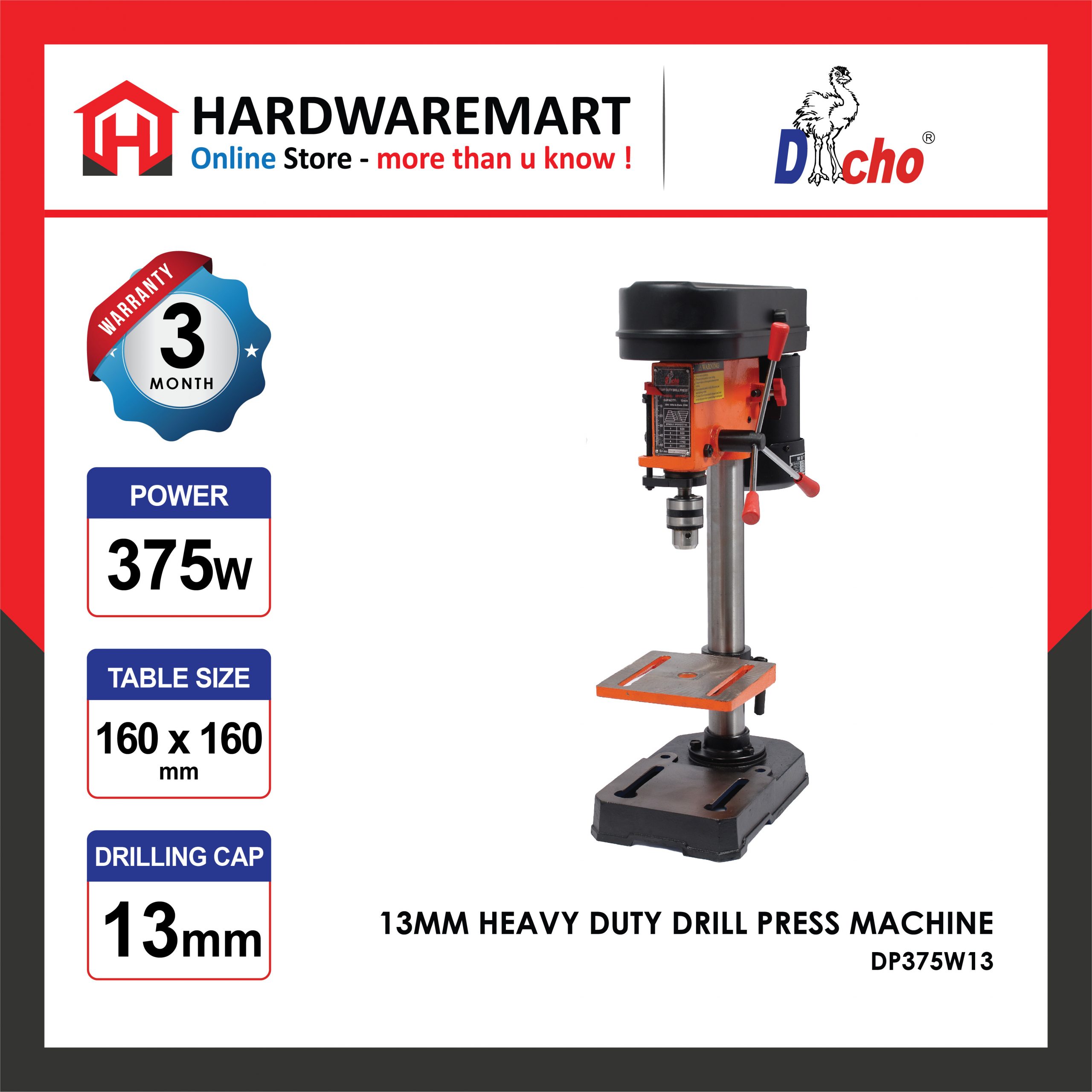 Hardwaremart DACHO template-13 DACHO 13MM 375W HEAVY DUTY DRILL PRESS MACHINE