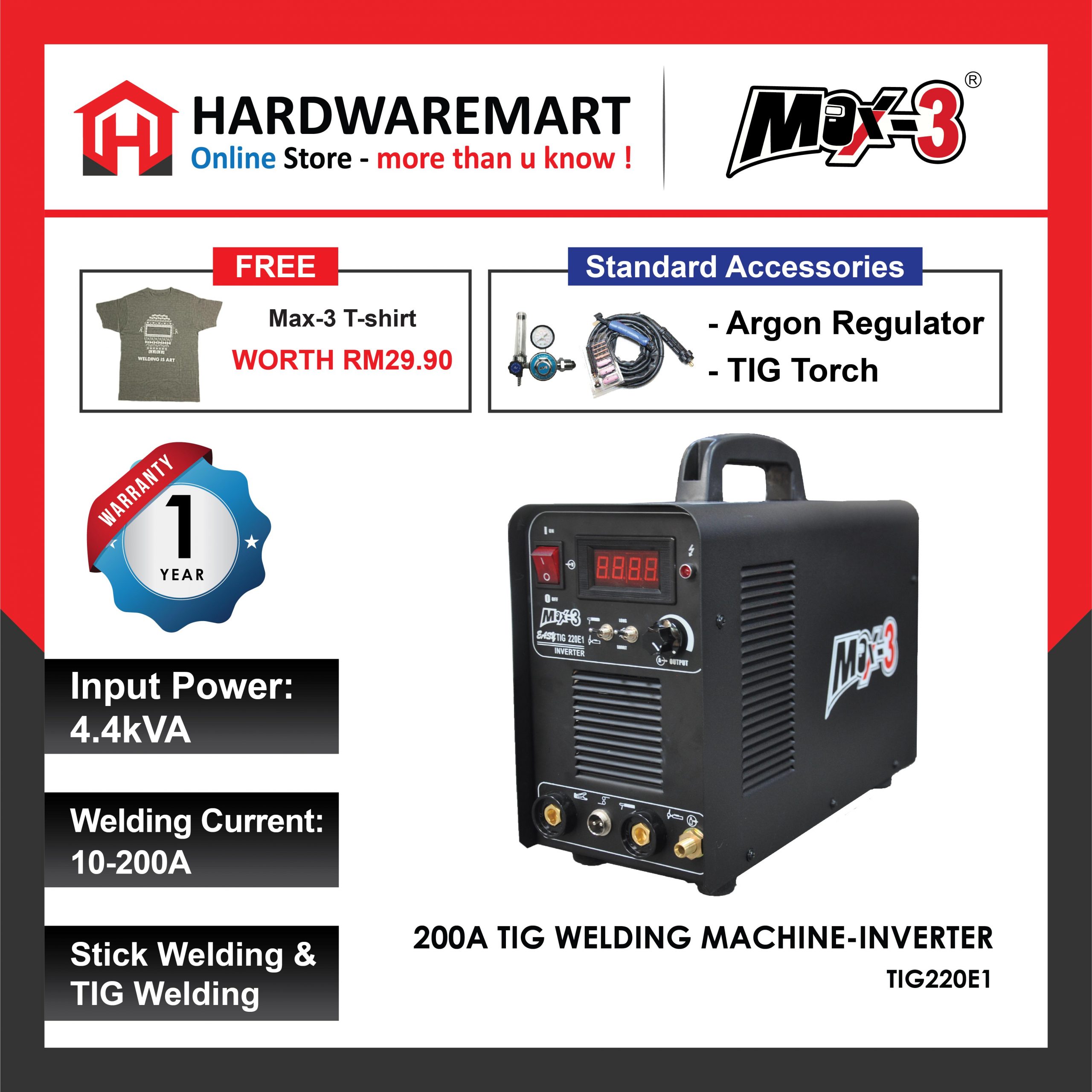 Hardwaremart MAX3 template-05 MAX-3 *200A TIG WELDING MACHINE-INVERTER TIG220E1