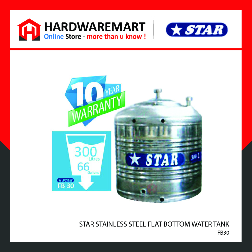Hardwaremart STAR template-03 STAR FB30 STAINLESS STEEL FLAT BOTTOM WATER TANK (300L/66GAL)