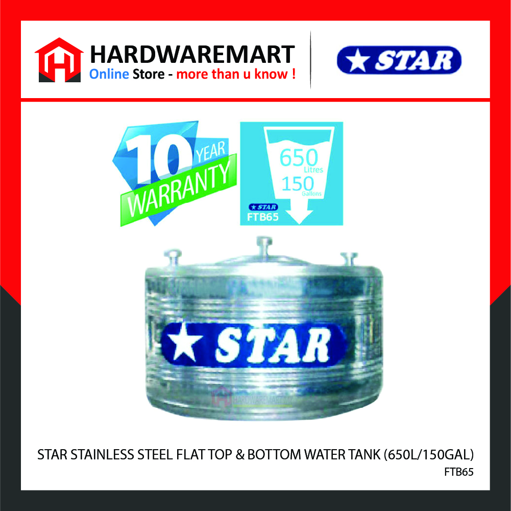 Hardwaremart STAR template-06 STAR FTB65 STAINLESS STEEL FLAT TOP & BOTTOM WATER TANK (650L/150GAL)