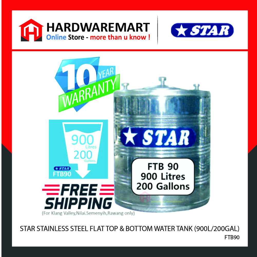 Hardwaremart STAR template-07 STAR FTB90 STAINLESS STEEL FLAT TOP & BOTTOM WATER TANK (900L/200GAL)