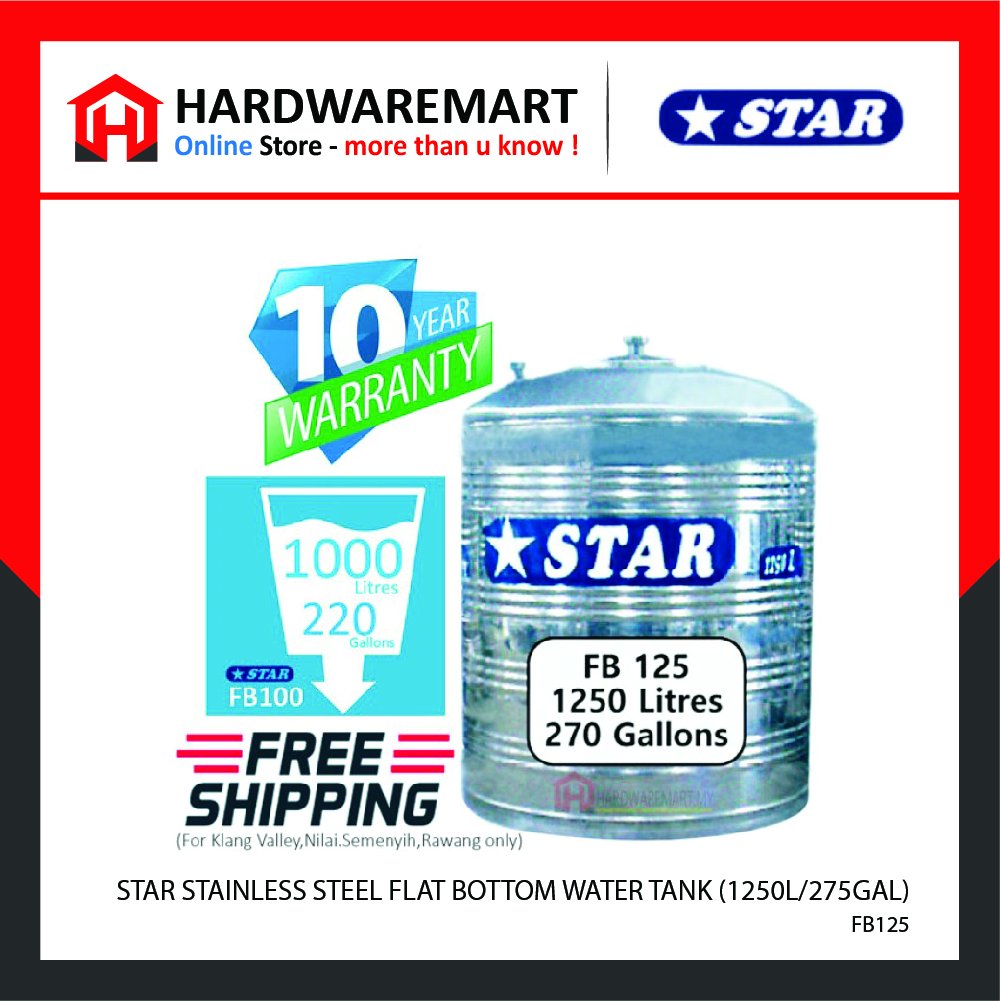 Hardwaremart STAR template-16 STAR FB125 STAINLESS STEEL FLAT BOTTOM WATER TANK (1250L/275GAL)