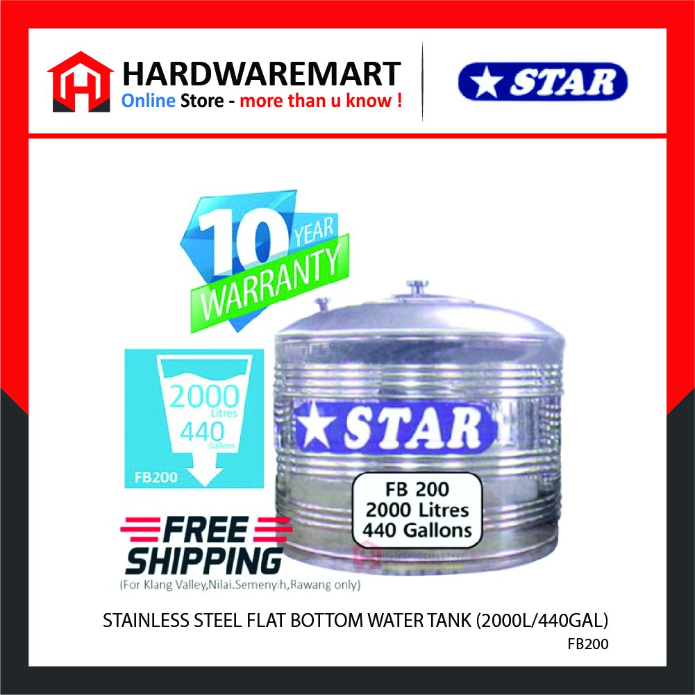 Hardwaremart STAR template-29 STAR FB200 STAINLESS STEEL FLAT BOTTOM WATER TANK (2000L/440GAL)