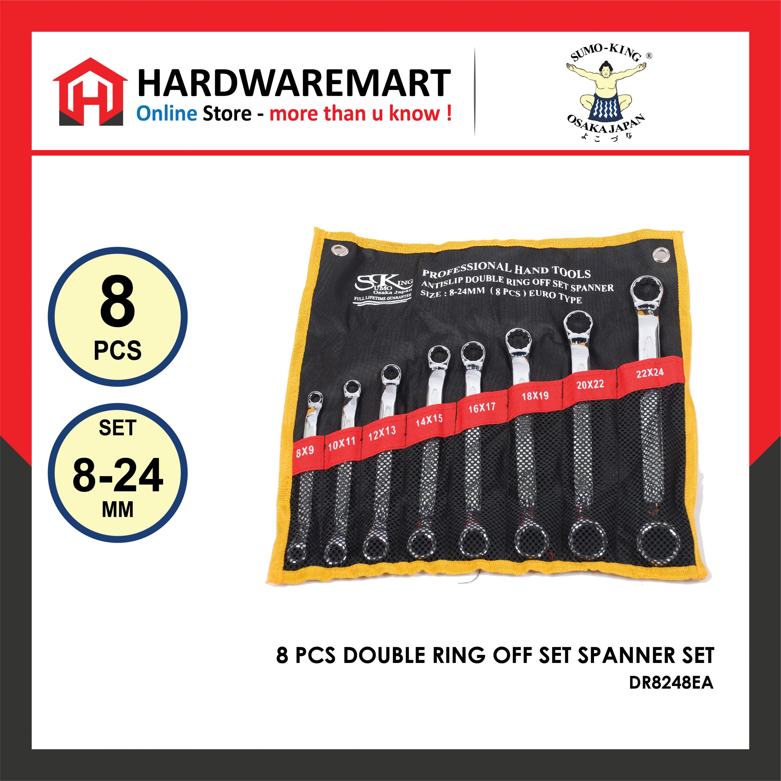 Hardwaremart SUMOKING template-25 SUMO KING 8 PCS DOUBLE RING OFF SET SPANNER SET (8MM - 24MM)