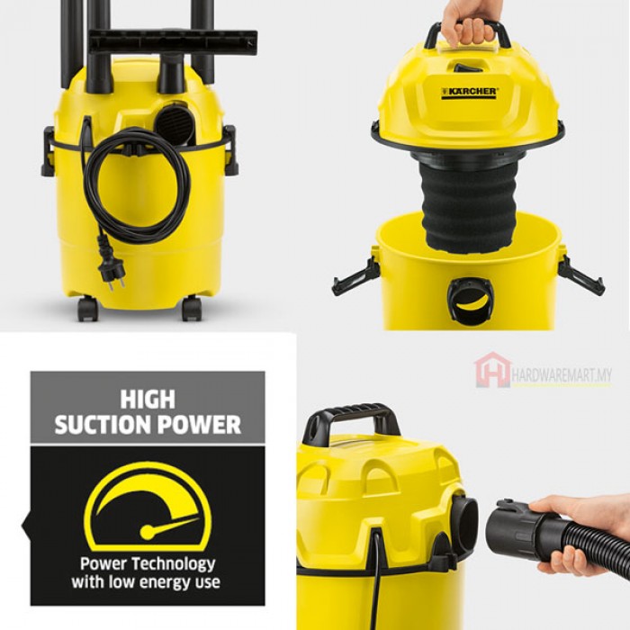 Hardwaremart-26 KARCHER WD1 CLASSIC WET AND DRY VACUUM CLEANER (1000W/15L)