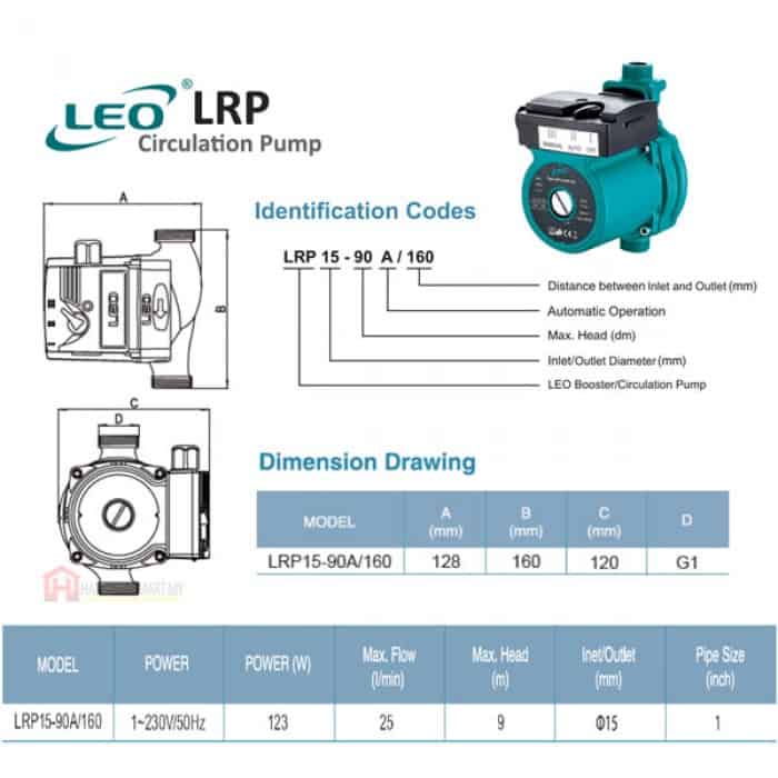 LRP15_90A_160_pdf_1761036326.jpg LEO LRP15-90A/160 HOT WATER AUTOMATIC CIRCULATION PUMP Pam Air Rumar Kolam 水泵 (123W/25LMIN/15MM)