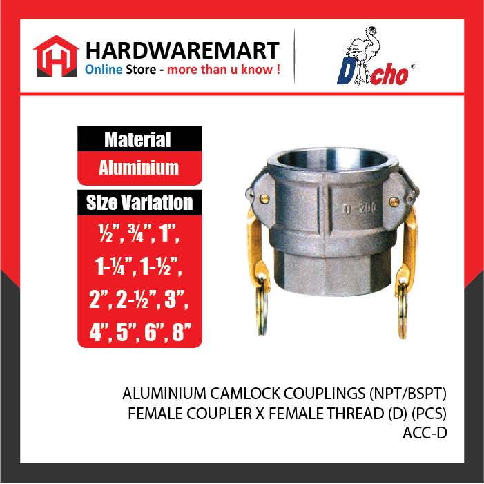 CJM 12-22 ALUMINIUM CAMLOCK COUPLINGS (NPT/BSPT) - FEMALE COUPLER X FEMALE THREAD (D) (PCS)