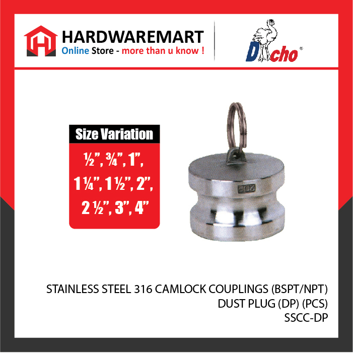 CJM 12-25 STAINLESS STEEL 316 CAMLOCK COUPLINGS (BSPT/NPT) - DUST PLUG (DP) (PCS)