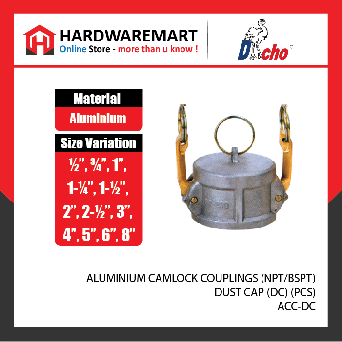 CJM 12-27 ALUMINIUM CAMLOCK COUPLINGS (NPT/BSPT) - DUST CAP (DC) (PCS)