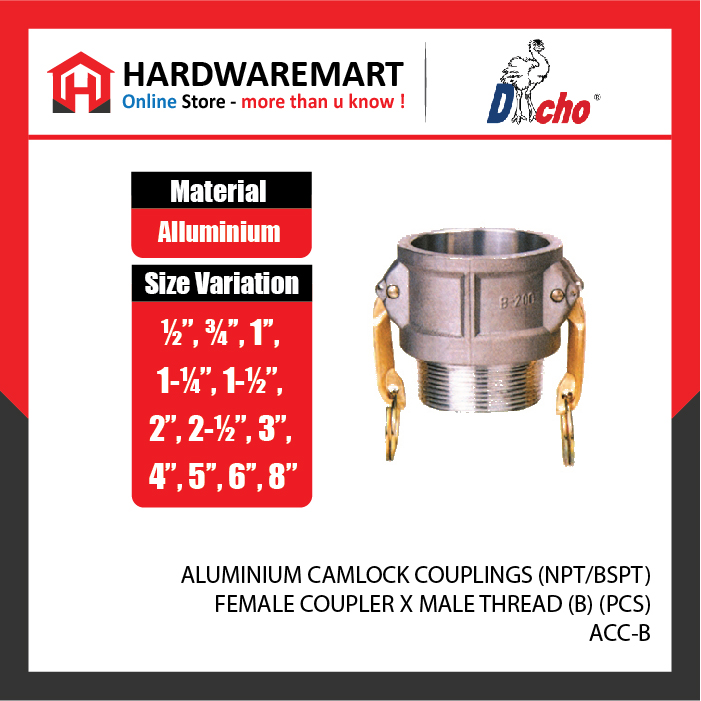 CJM 12-30 ALUMINIUM CAMLOCK COUPLINGS (NPT/BSPT) - FEMALE COUPLER X MALE THREAD (B) (PCS)