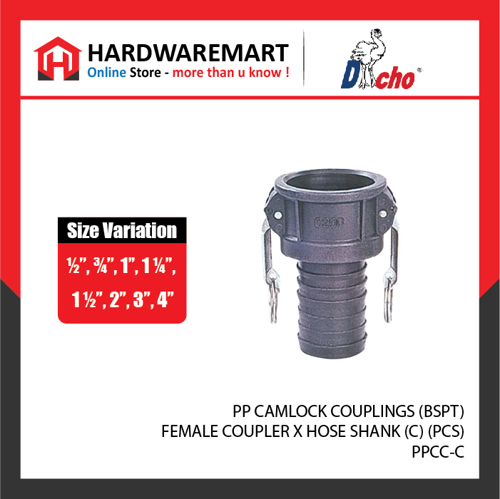 CJM 34-05 PP CAMLOCK COUPLINGS (BSPT) - FEMALE COUPLER X HOSE SHANK (C) (PCS)