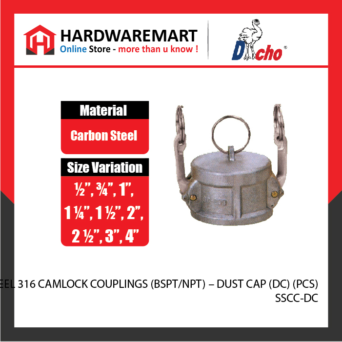 CJM 34-19 STAINLESS STEEL 316 CAMLOCK COUPLINGS (BSPT/NPT) - DUST CAP (DC) (PCS)