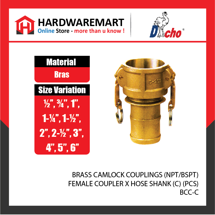 CJM 34-22 BRASS CAMLOCK COUPLINGS (NPT/BSPT) - FEMALE COUPLER X HOSE SHANK (C) (PCS)