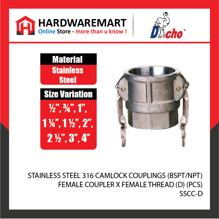CJM 34-29 STAINLESS STEEL 316 CAMLOCK COUPLINGS (BSPT/NPT) - FEMALE COUPLER X FEMALE THREAD (D) (PCS)