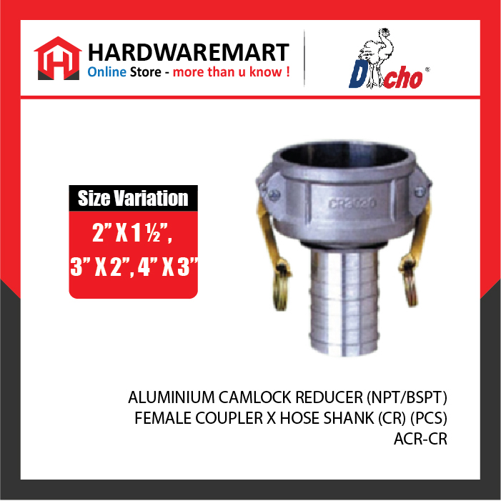CJM 5-36 ALUMINIUM CAMLOCK REDUCER (NPT/BSPT) - FEMALE COUPLER X HOSE SHANK (CR) (PCS)