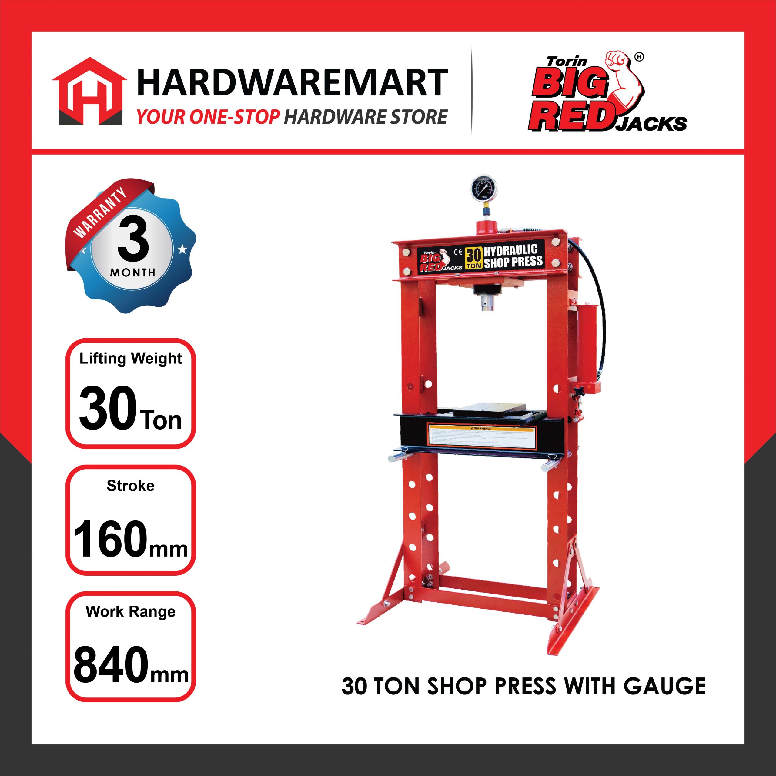 Hardwaremart Bigred template-37 BIGRED 30 TON HYDRAULIC SHOP PRESS WITH GAUGE MANUAL PRESS MACHINE CAR BEARING DISASSEMBLY AUTO REPAIR MEMBAIKI KERETA