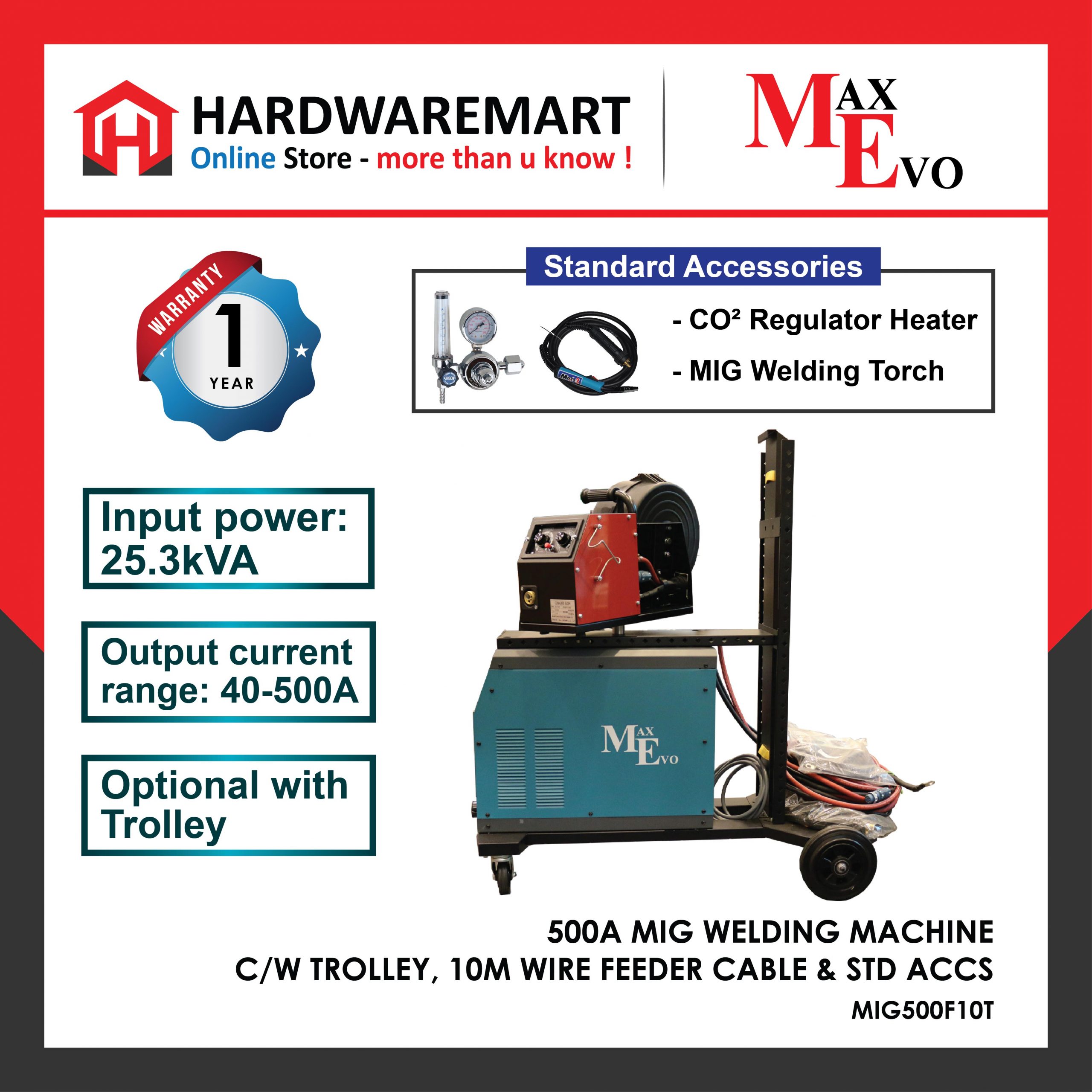Hardwaremart MAXEVO templates-07 MAXEVO MIG500F10T 500A MIG WELDING MACHINE C/W TROLLEY, 10M WIRE FEEDER CABLE & STD ACCS