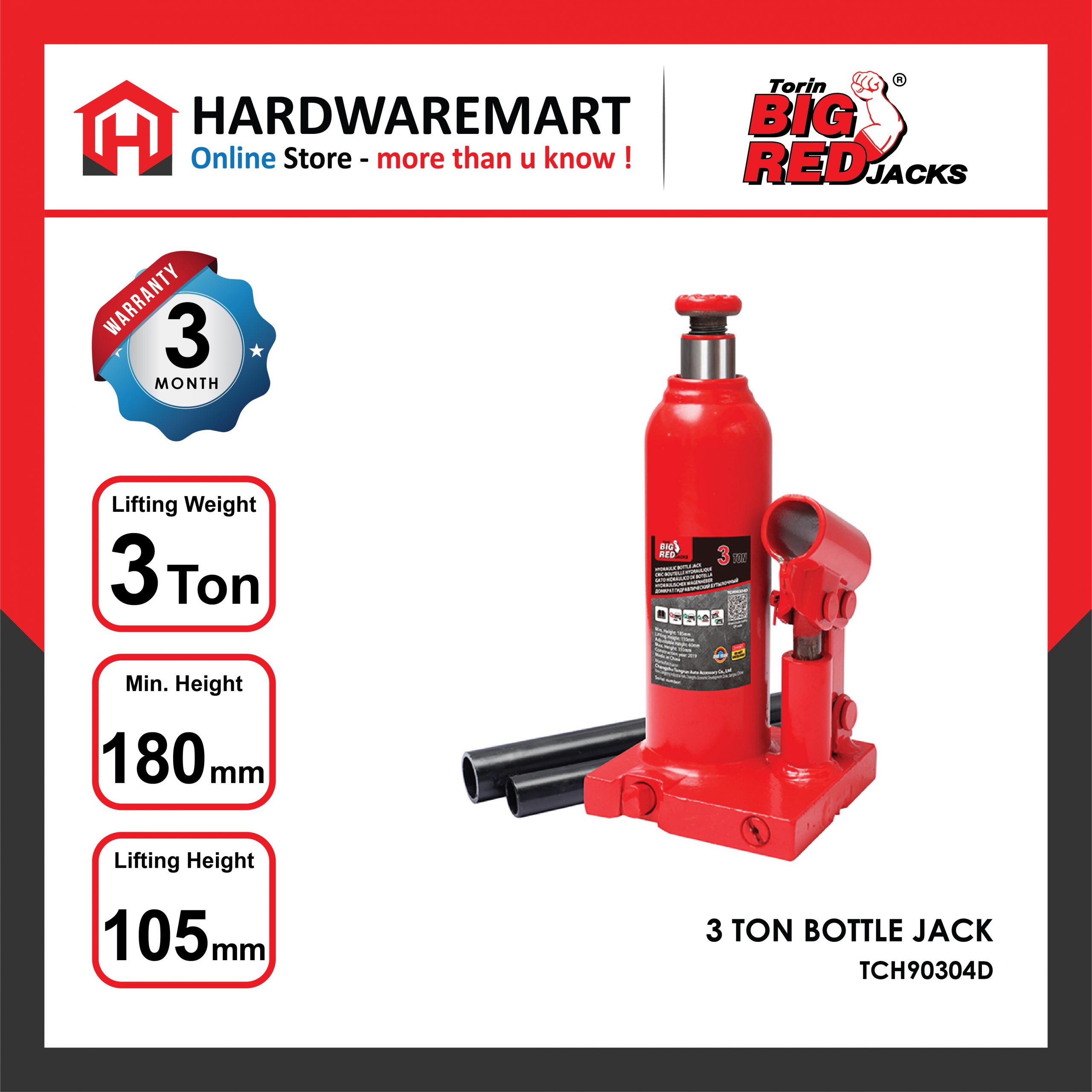Hardwaremart Bigred template-05 BIGRED 3 TON Hydraulic Bottle Jack Lifting Stand Emergency Vehicle Tool/Jek Hidraulik Kereta 油压千斤顶