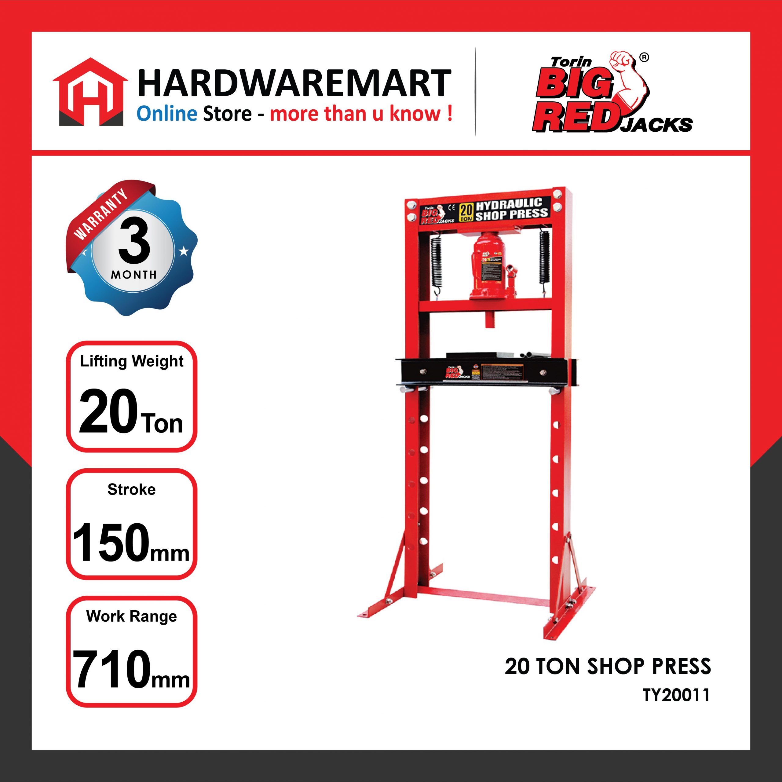 Hardwaremart Bigred template-12 BIGRED 20 TON HYDRAULIC SHOP PRESS MANUAL PRESS HYDRAULIC MACHINE CAR BEARING DISASSEMBLY AUTO REPAIR MEMBAIKI KERETA