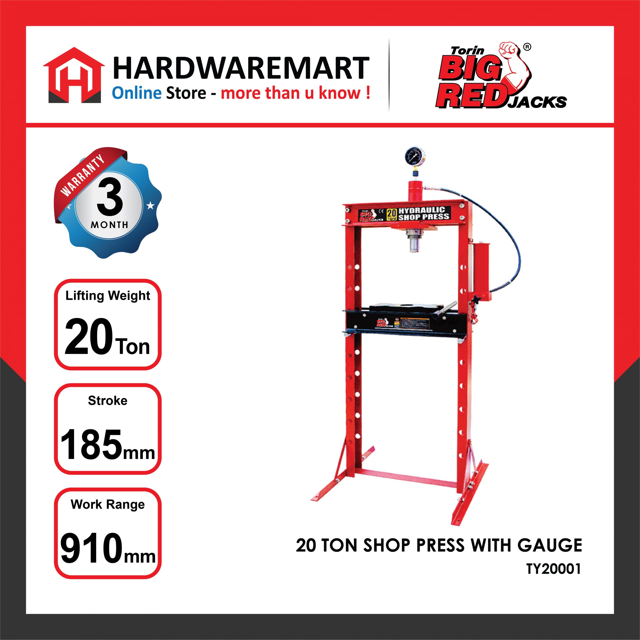 Hardwaremart Bigred template-13 BIGRED 20 TON HYDRAULIC SHOP PRESS WITH GAUGE MANUAL PRESS MACHINE CAR BEARING DISASSEMBLY AUTO REPAIR MEMBAIKI KERETA