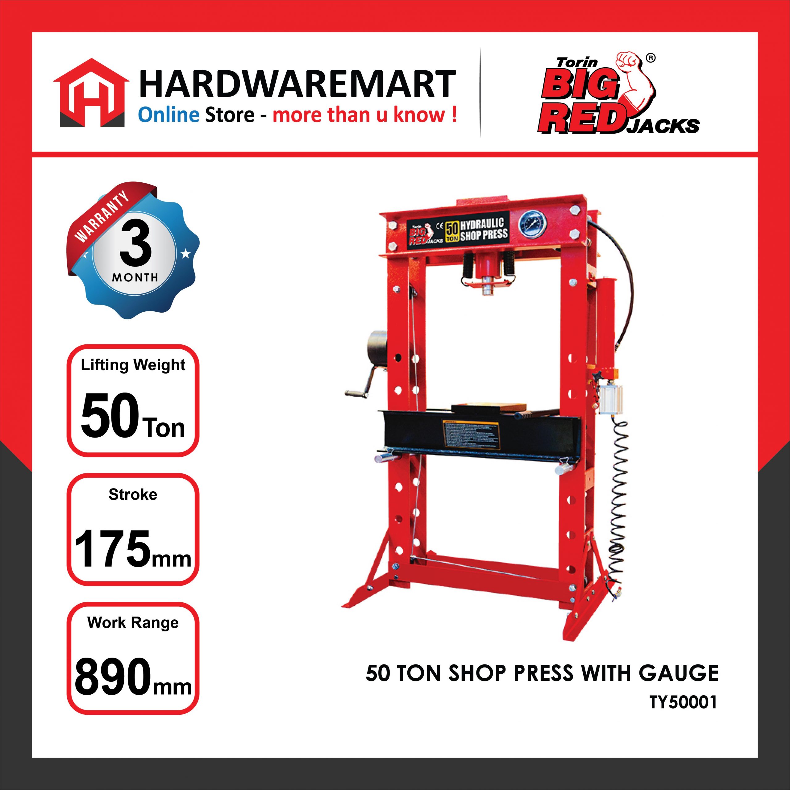 Hardwaremart Bigred template-14 BIGRED 50 TON HYDRAULIC SHOP PRESS WITH GAUGE MANUAL PRESS MACHINE CAR BEARING DISASSEMBLY AUTO REPAIR MEMBAIKI KERETA