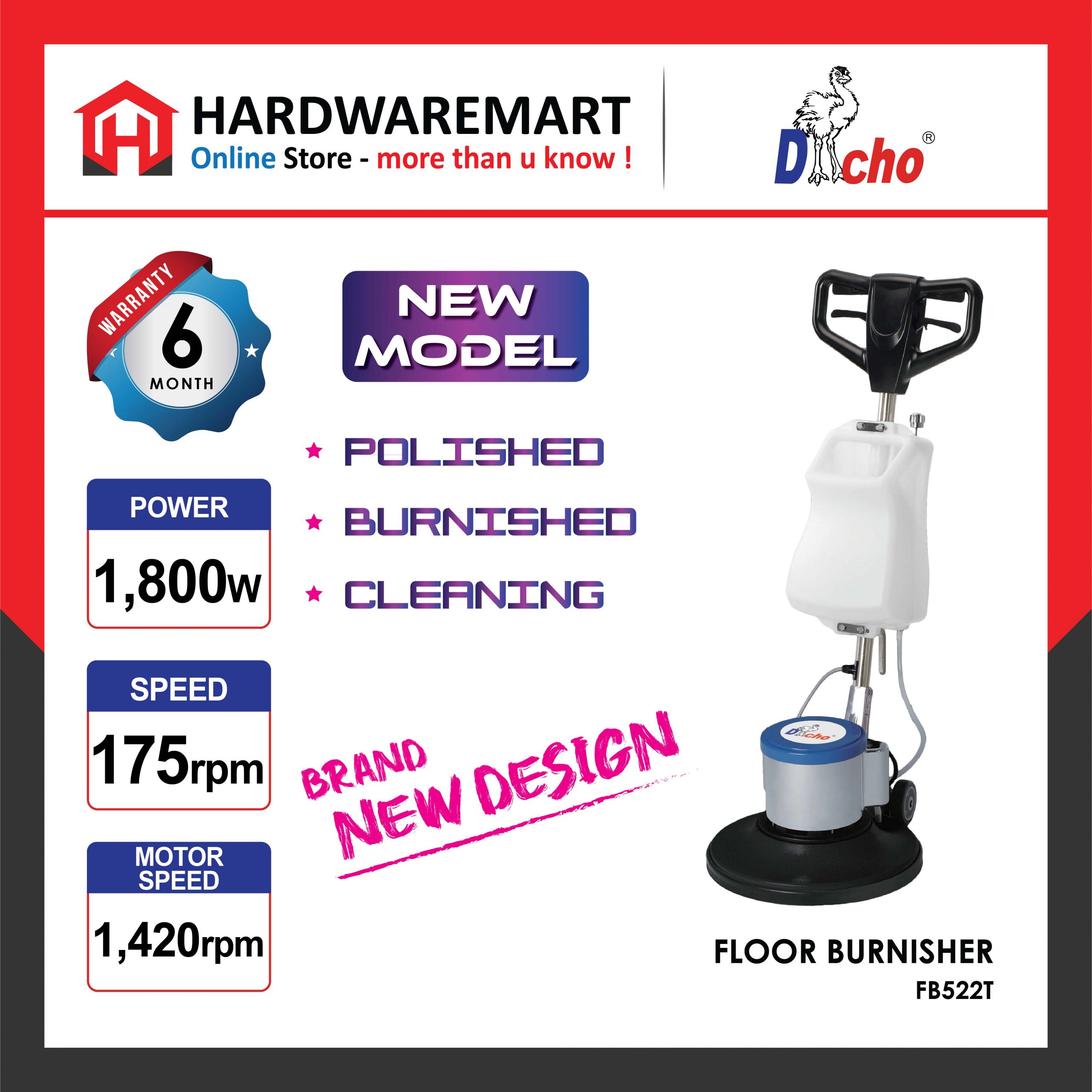 Hardwaremart DACHO templatesa-29 DACHO Heavy Duty FLOOR BURNISHER Multi functional Floor Polisher Floor Brusher 17inch Manual Scrubber (1.5HP/1800W)