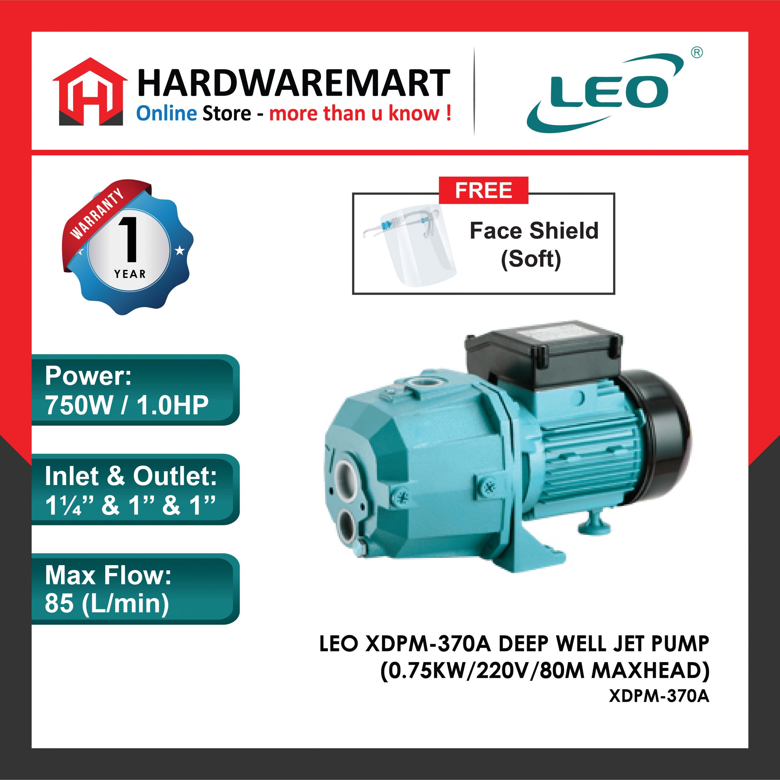 Hardwaremart LEO PUMP (FOC FACE SHIELD) template-124 LEO XDPM370A DEEP WELL PUMP Pam Air Rumar Kolam 水泵 (750W/1HP)