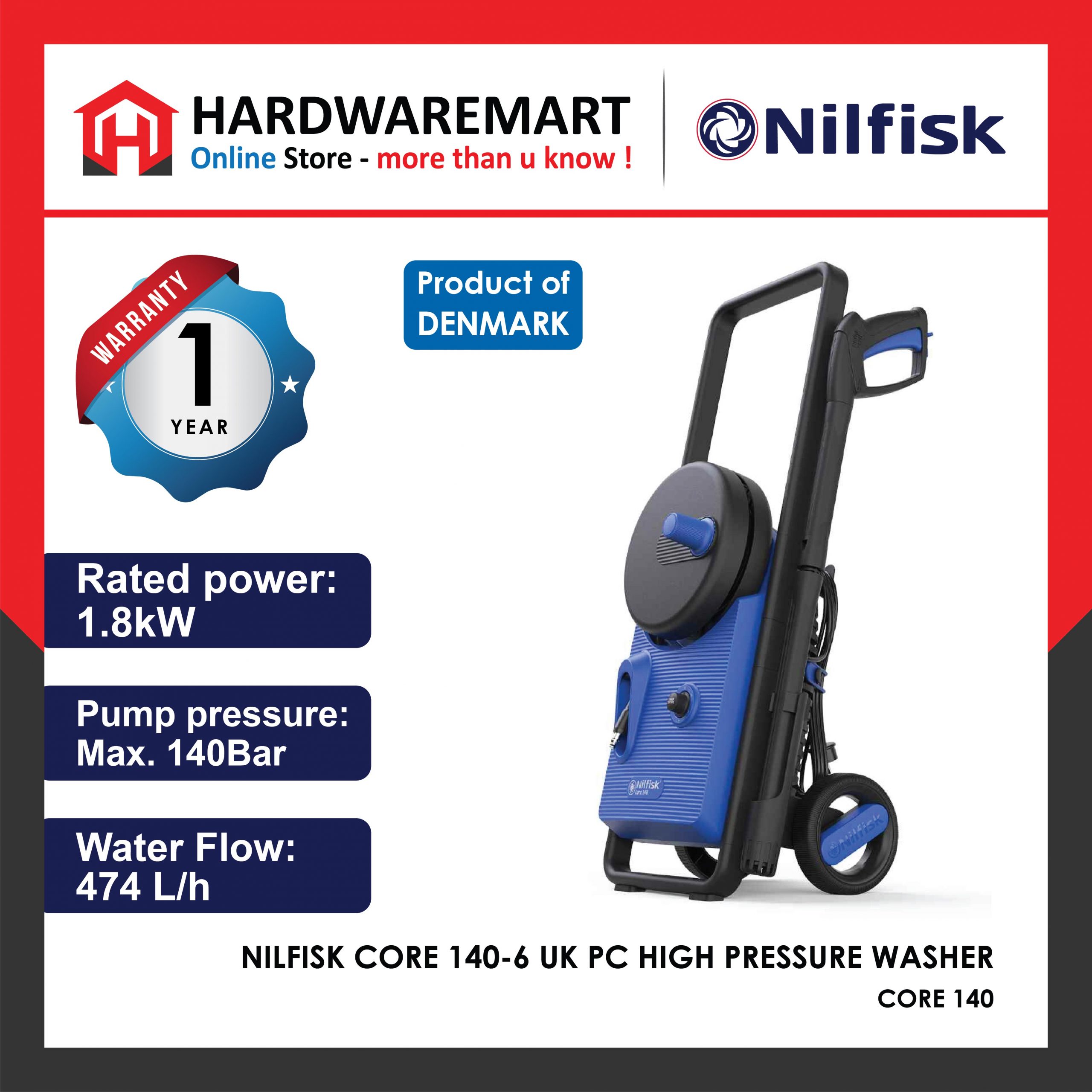 Hardwaremart NIFLISK template-04 NILFISK CORE 140-6 EU PC High Pressure Washer 1800W 240V 128471263