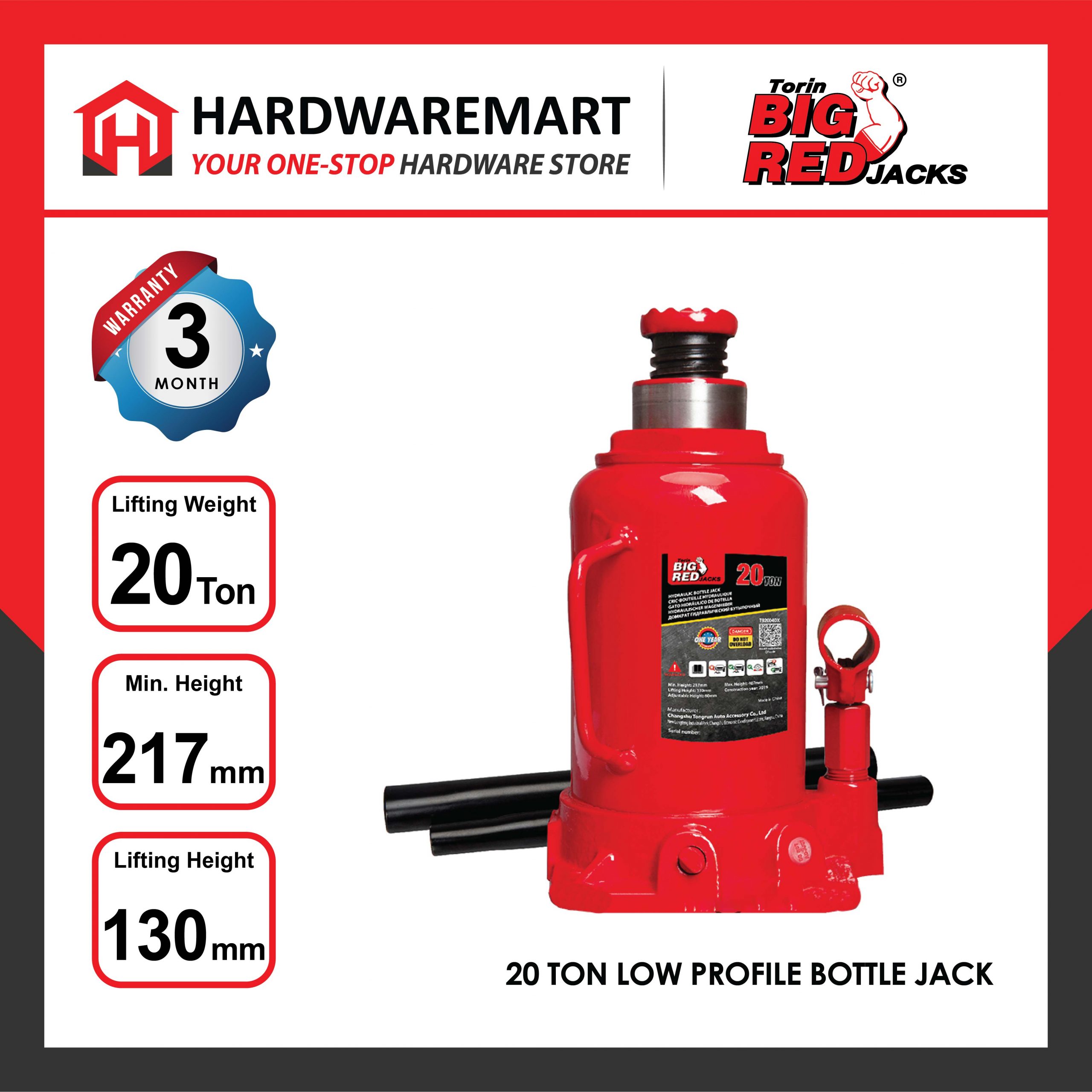 Hardwaremart Bigred template-41 BIGRED 20 TON Low Profile Hydraulic Bottle Jack Lifting Stand Emergency Vehicle Tool/Jek Hidraulik 千斤顶
