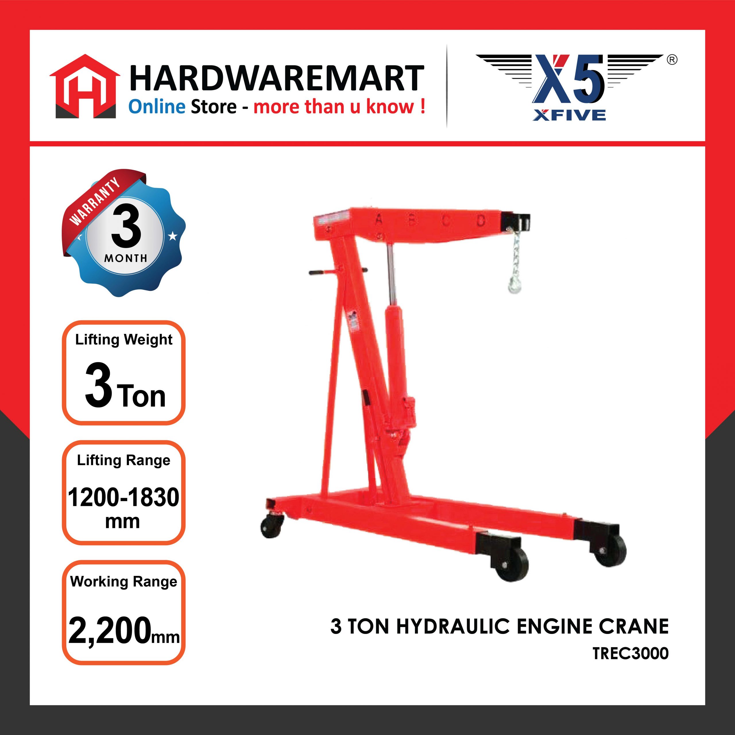 Hardwaremart X5 template-33 X5 3 TON Hydraulic Engine Crane Garage Automotive Tools Car Vehicle Kereta Kenderaan