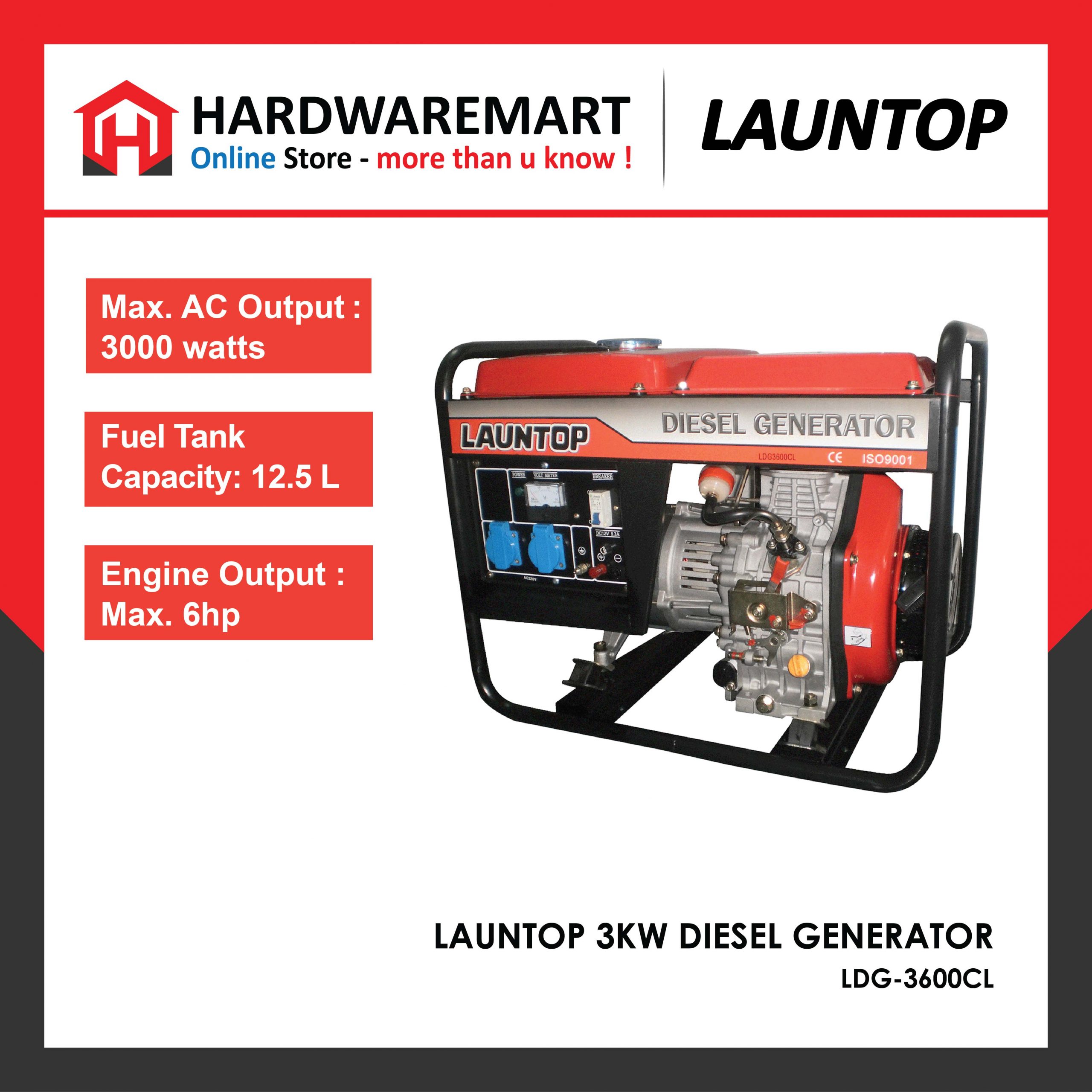 Hardwaremart LAUNTOP & LUTIAN template-01 LAUNTOP 3KW HEAVY DUTY DIESEL GENERATOR (LDG-3600CL) ENGINE PENJANA ENJIN