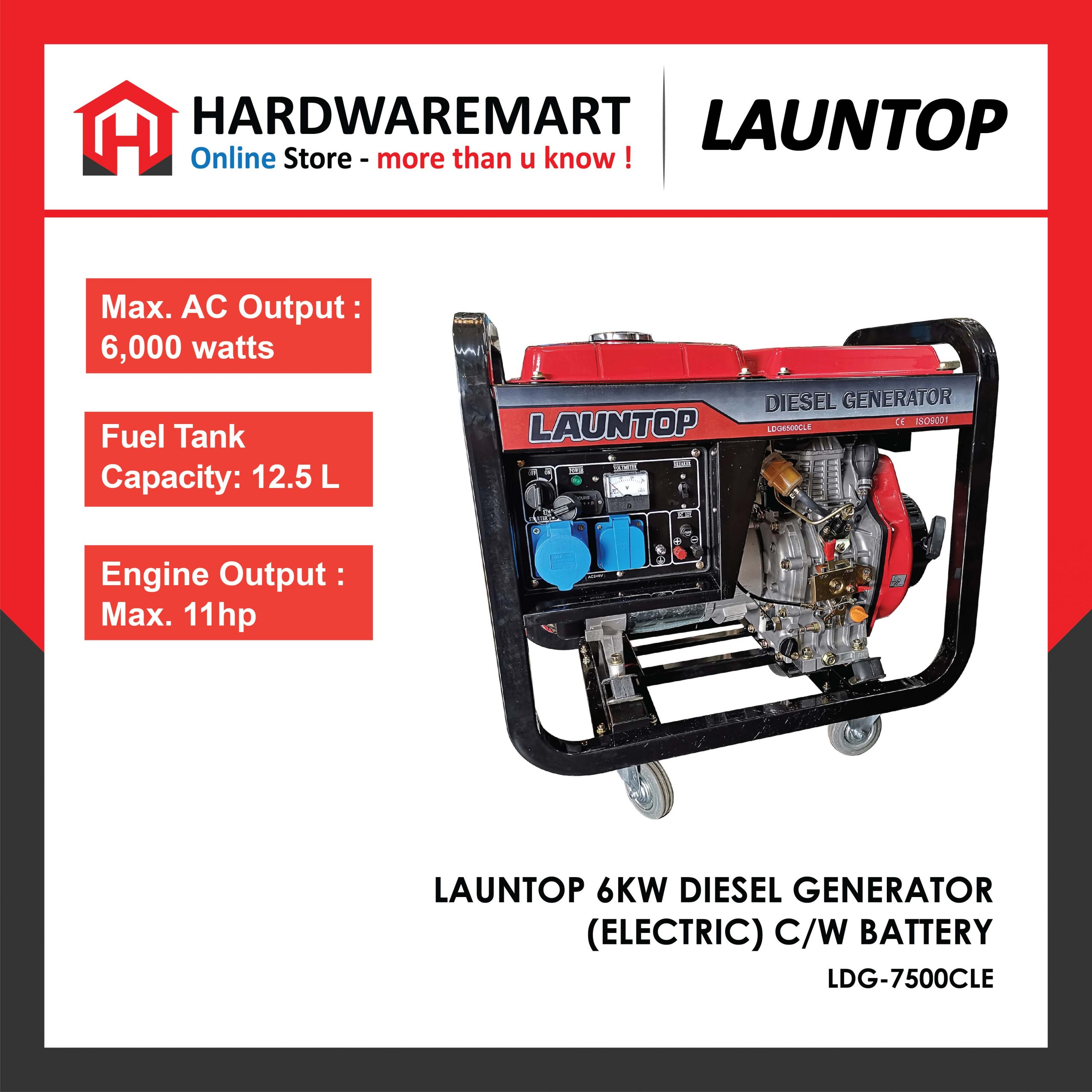 Hardwaremart LAUNTOP & LUTIAN template-03 LAUNTOP 3KW HEAVY DUTY DIESEL GENERATOR (LDG-3600CL) ENGINE PENJANA ENJIN