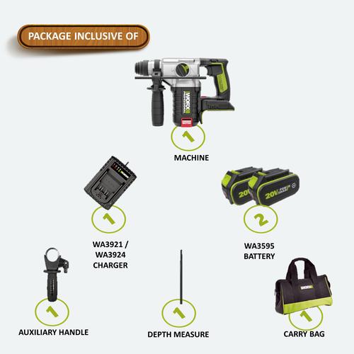 Slide5_b0120163-4451-47de-bb01-7c3ce63c7e59_500x WORX WU388 20V 4.0Ah Max Lithium-Ion Cordless Brushless 3-Functions Rotary Hammer (24mm) with Power Share Technology