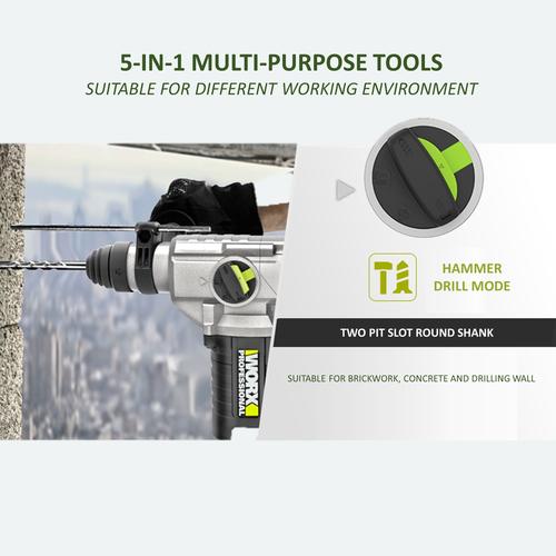 Slide5_b0120163-4451-47de-bb01-7c3ce63c7e59_500x WORX WU388 20V 4.0Ah Max Lithium-Ion Cordless Brushless 3-Functions Rotary Hammer (24mm) with Power Share Technology