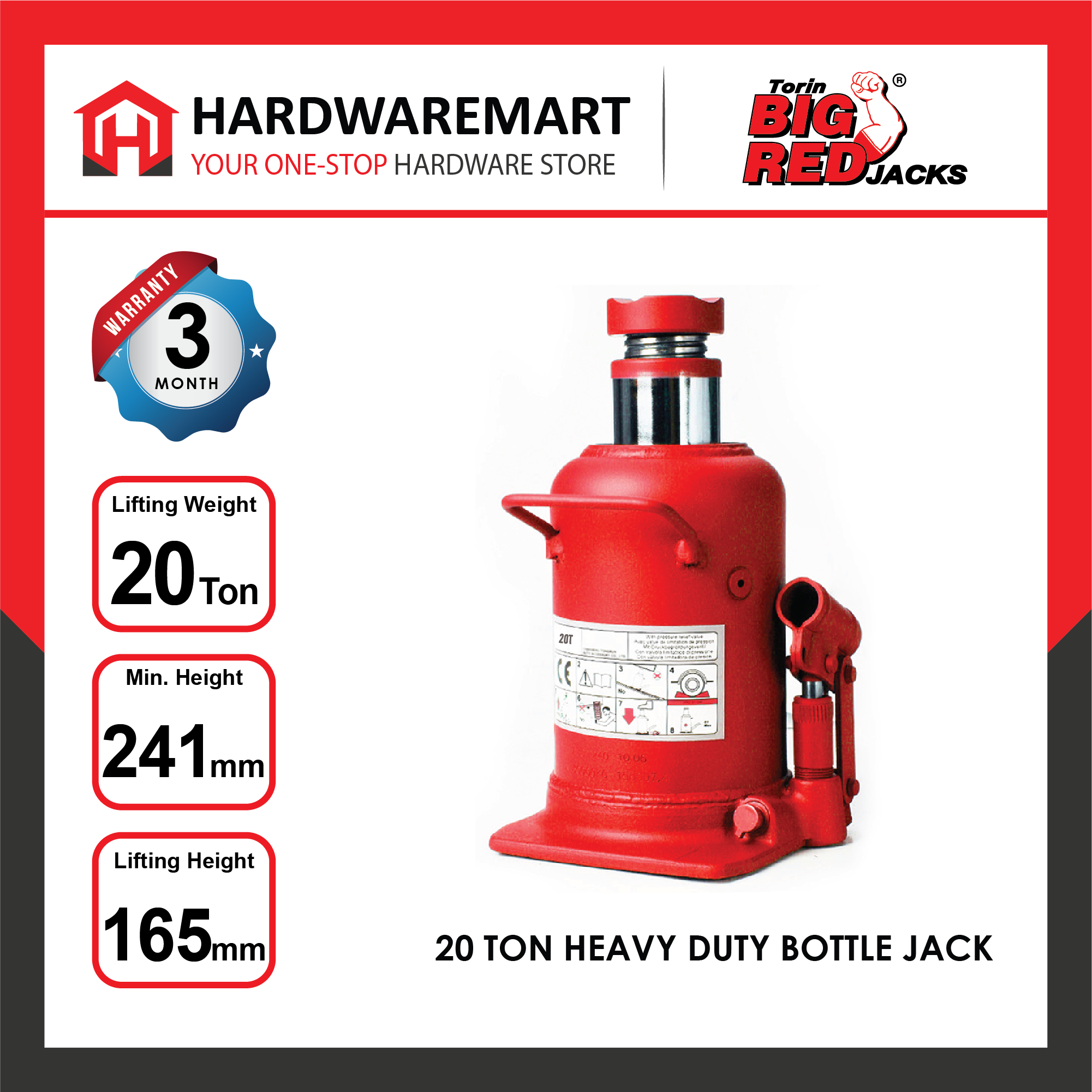 Artboard_1_copy_62dp1100_1658206355.png BIGRED 20 TON Heavy Duty Hydraulic Bottle Jack Lifting Stand Emergency Vehicle Tool/Jek Hidraulik Kereta