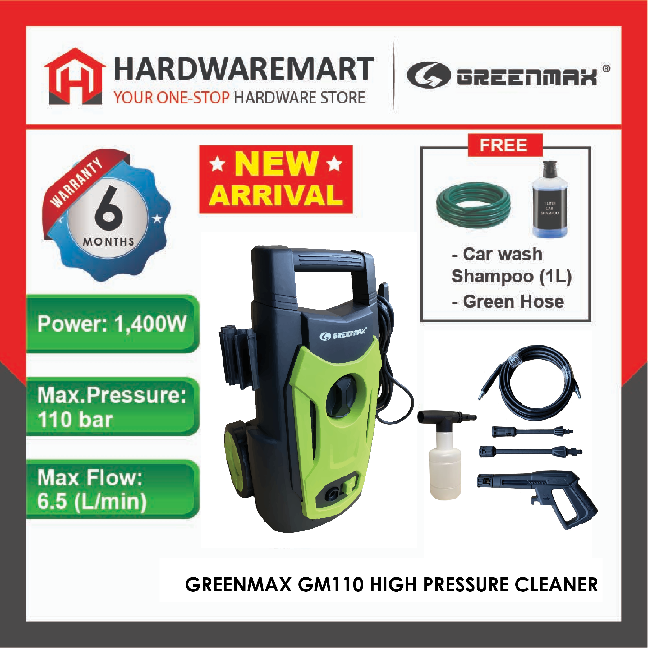 Hardwaremart_Greenmax_template-01_1657991470.png GREENMAX GM110 HIGH PRESSURE CLEANERS Water Jet Pressure Washer Car Wash Mesin Cuci Kereta (110BAR)