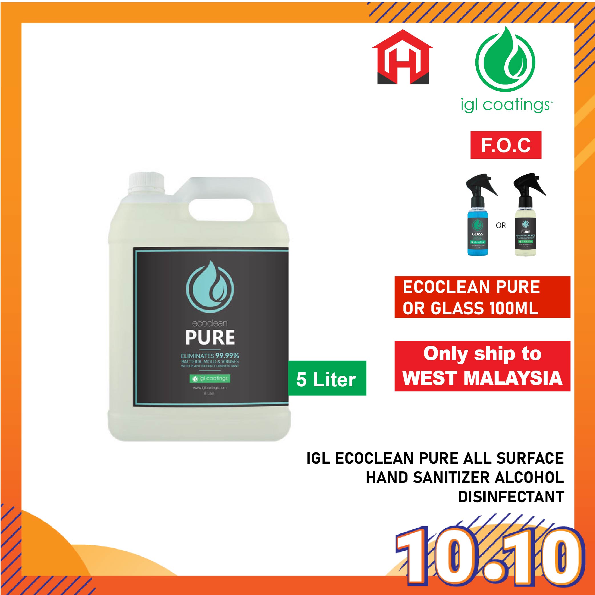 10.10_Promo-17_1665045736.jpg IGL Ecoclean PURE Disinfectant Spray Sanitizer 100ml 500ml 5L Multipurpose Safe Skin 75% Alcohol Cucumber Extract pembasmi kuman