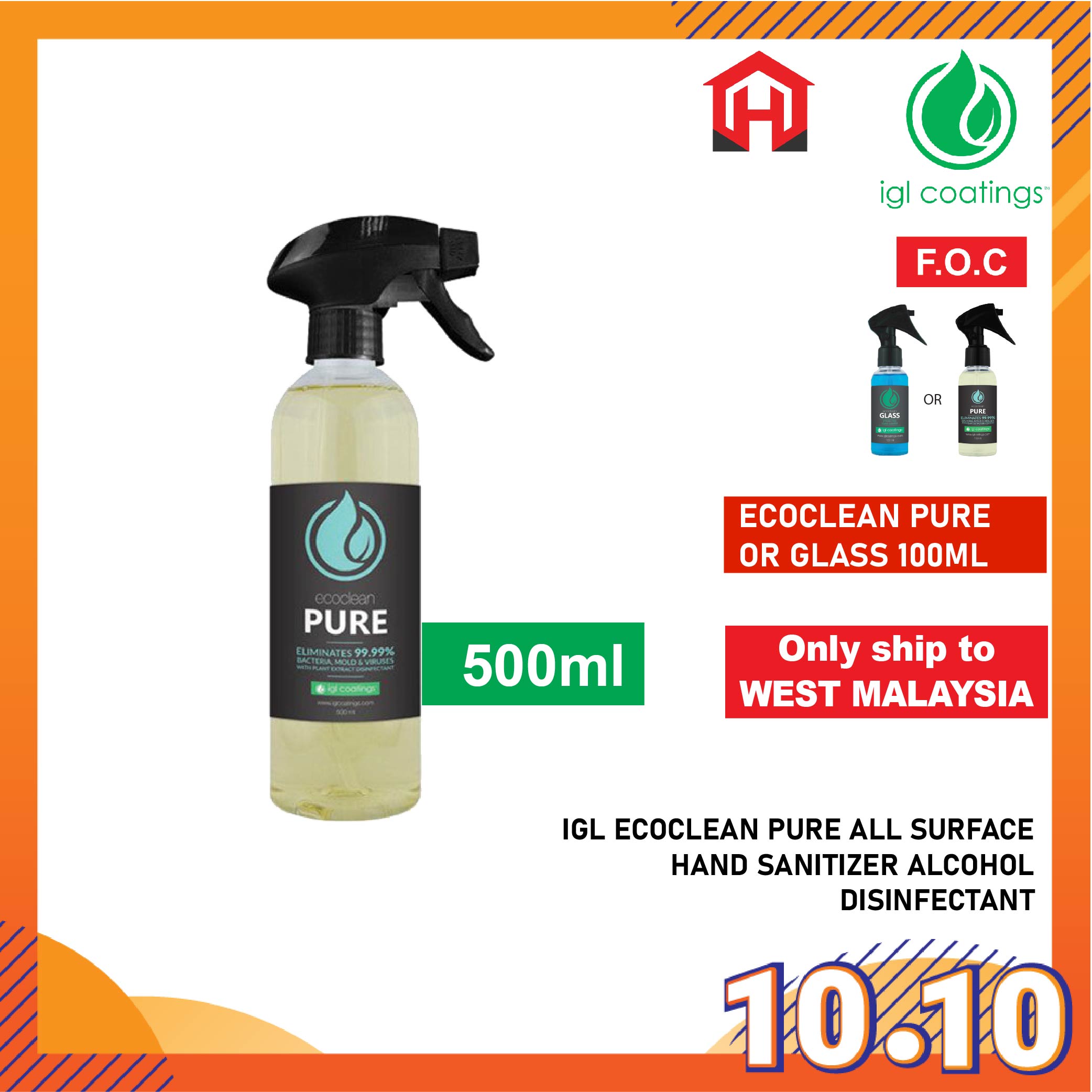 10.10_Promo-17_1665045736.jpg IGL Ecoclean PURE Disinfectant Spray Sanitizer 100ml 500ml 5L Multipurpose Safe Skin 75% Alcohol Cucumber Extract pembasmi kuman