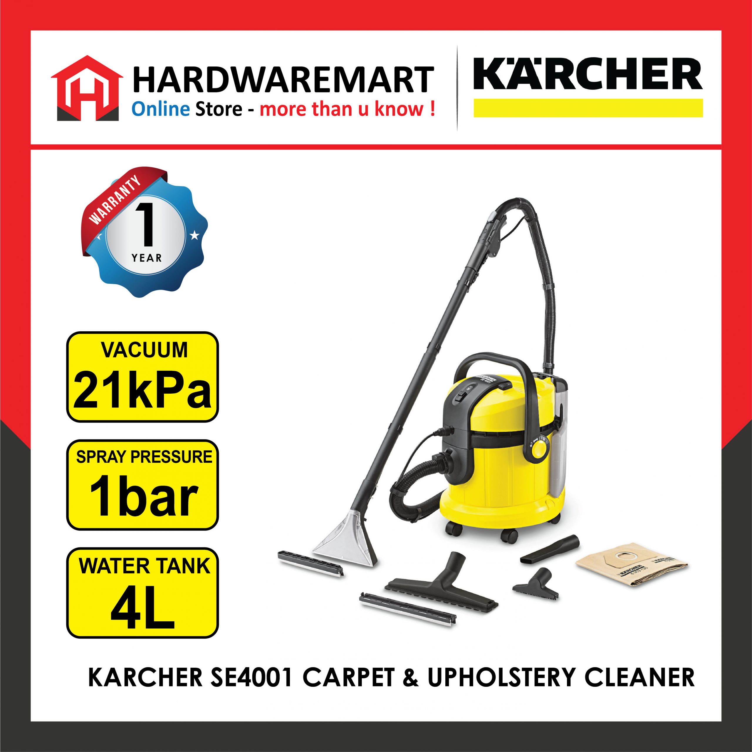 Hardwaremart_KARCHER_template-02_1673067233.jpg KARCHER SE4001 CARPET & UPHOLSTERY CLEANER (1400W/2x4L/210mbar)