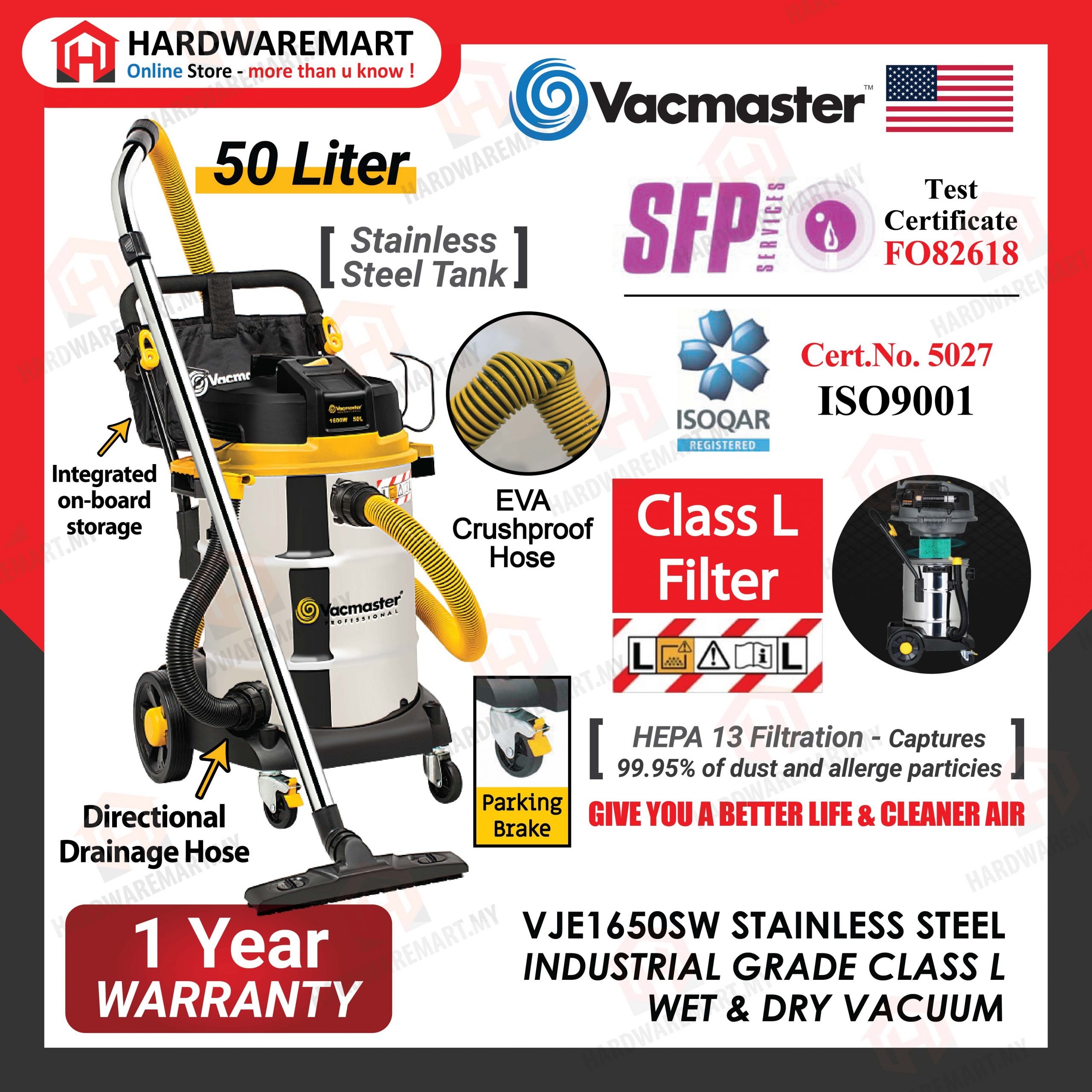Hardwaremart_Vacmaster_templateS-05_1673600490.jpg VACMASTER VJE1650SW 50L STAINLESS STEEL INDUSTRIAL GRADE CLASS L HEPA 13 FILTRATION WET & DRY VACUUM