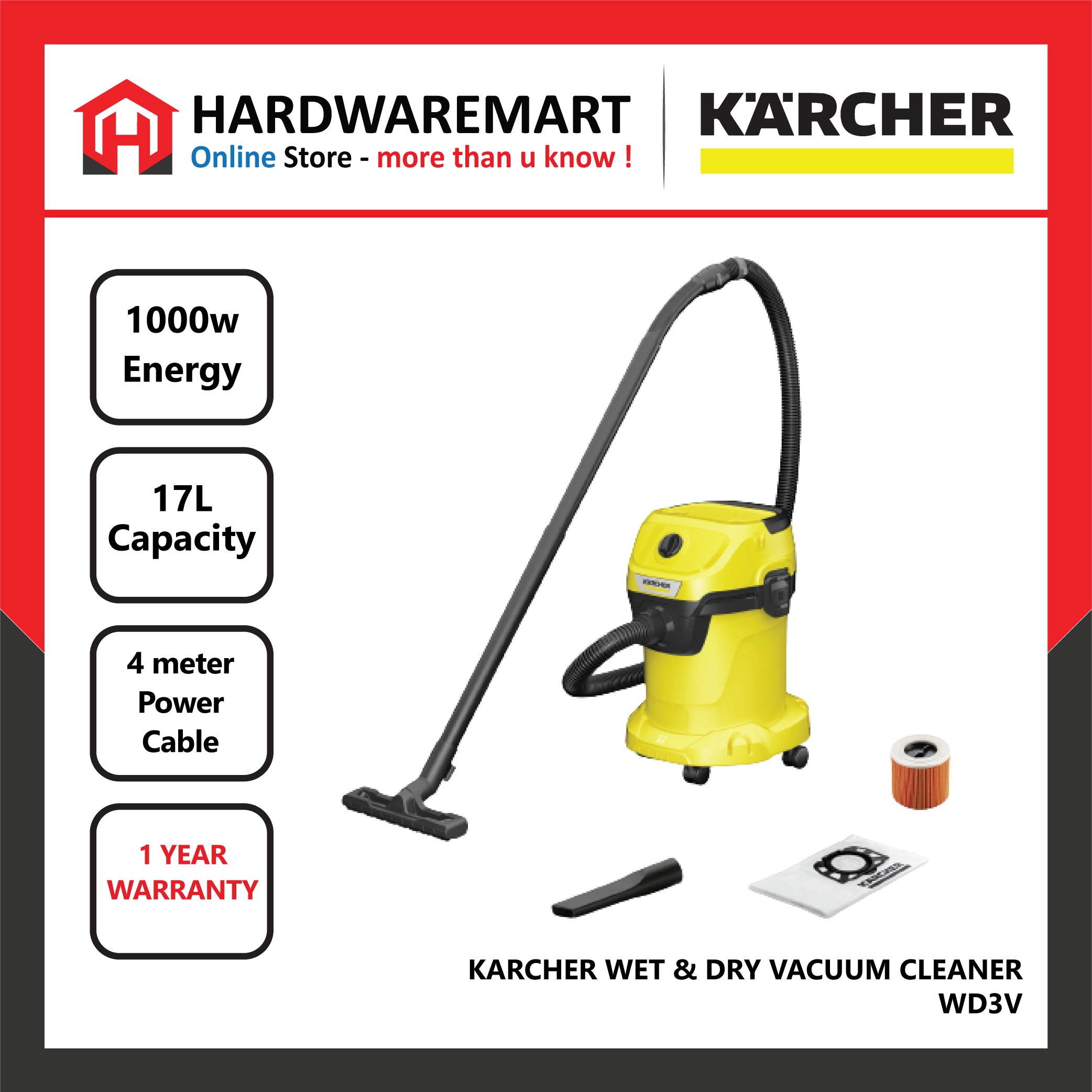 WD3V_1683185096.png KARCHER WD3 WET & DRY MULTIPURPOSE VACUUM CLEANER (1000W/17L)