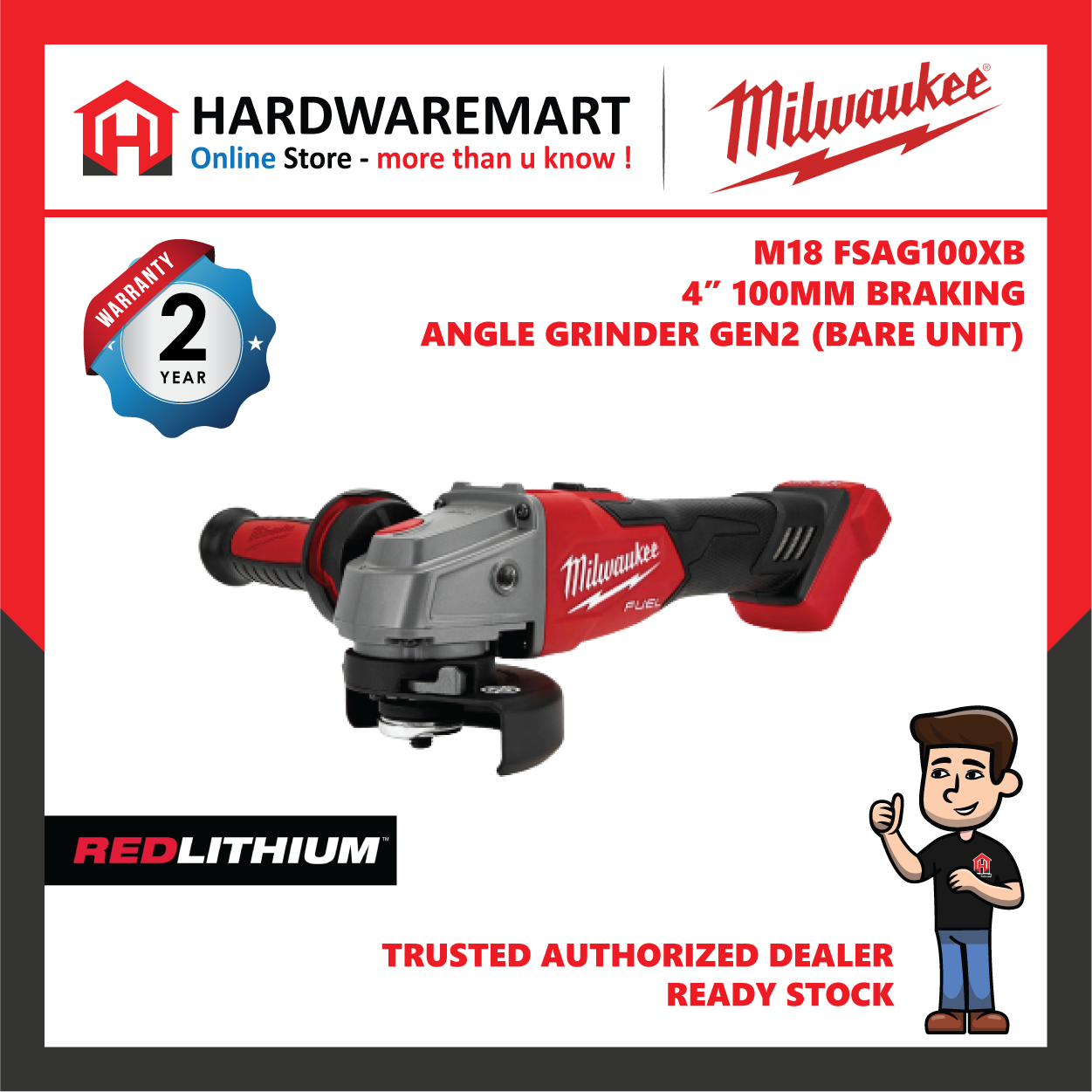 Milwaukee M18 FSAG100XB Fuel 4" 100MM Braking Angle Grinder GEN2 / Brushless Motor / High Performance Angle Grinder