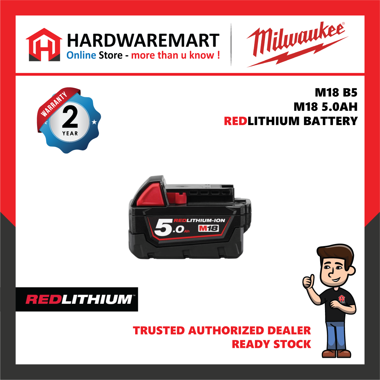 Milwaukee M18 5.0AH Battery RED LITHIUM ION ( M18B5 )
