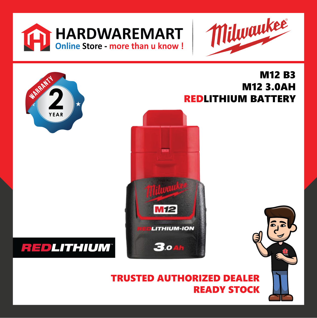 Milwaukee M12 3.0AH Battery RED LITHIUM ION ( M12B3 )