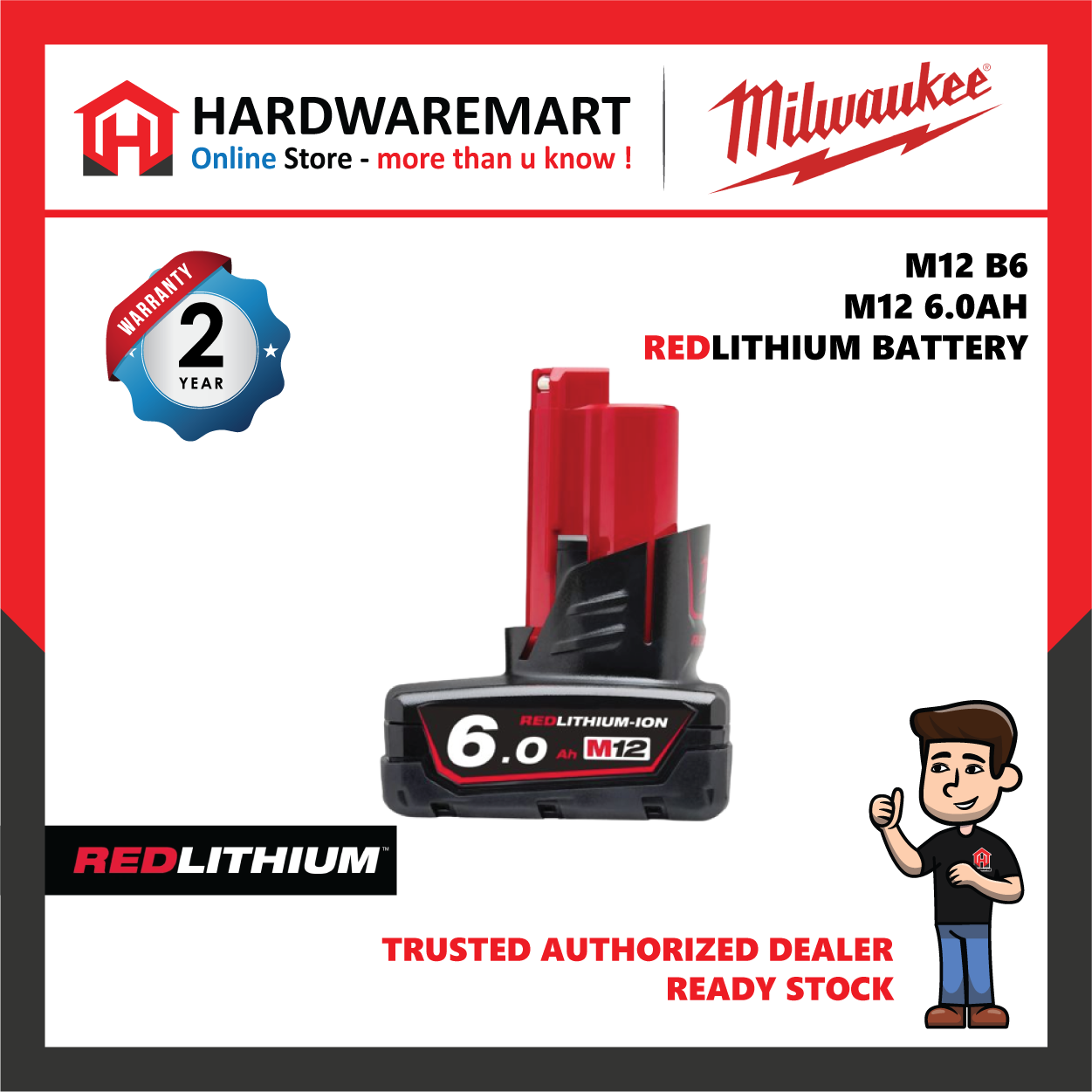 Milwaukee M12 6.0AH Battery RED LITHIUM ION ( M12B6 )