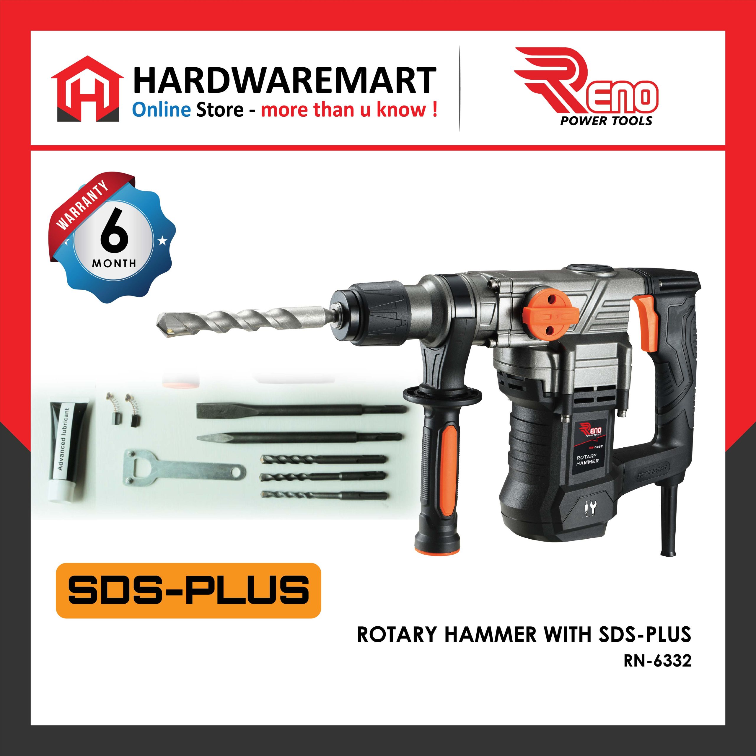Hardwaremart_RENO_template_16_1704682870.jpg RENO Electric Rotary Hammer Drill Concrete SDS-PLUS mesin gerudi elektrik dinding 墙壁电钻 1100W