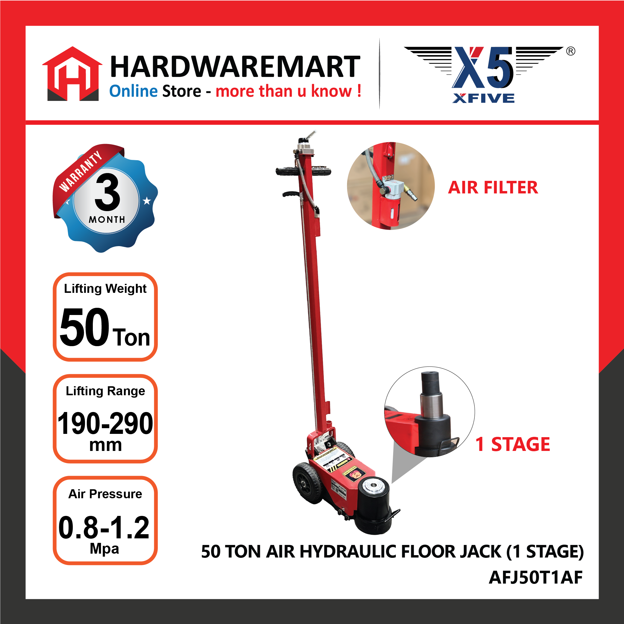 Hardwaremart_X5_template_69_1731563193.png X5 AFJ50T1AF 50 TON 1 STAGE Heavy Duty Hybrid Lift Pneumatic Air Hydraulic Floor Jack Garage Automotive Repair car jek kereta 千斤顶 - HARDWAREMART