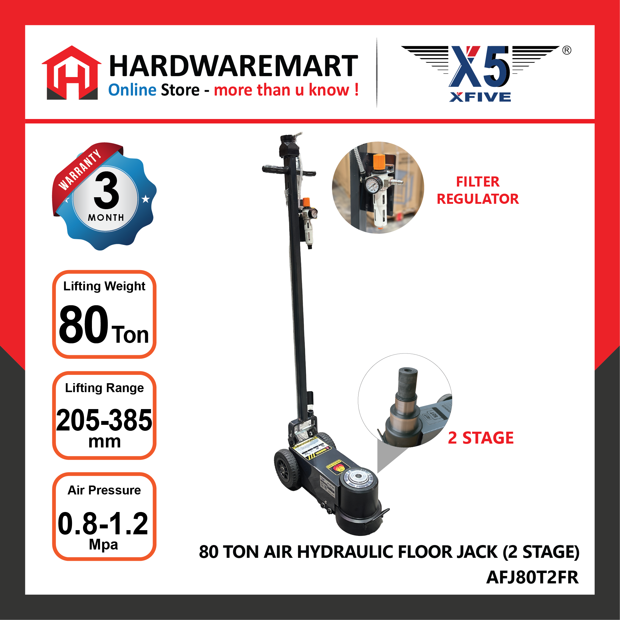 Hardwaremart_X5_template_71_1731564161.png X5 AFJ80T2FR 80 TON AIR HYDRAULIC FLOOR JACK (2 STAGE) WITH GAUGE FILTER REGULATOR - HARDWAREMART