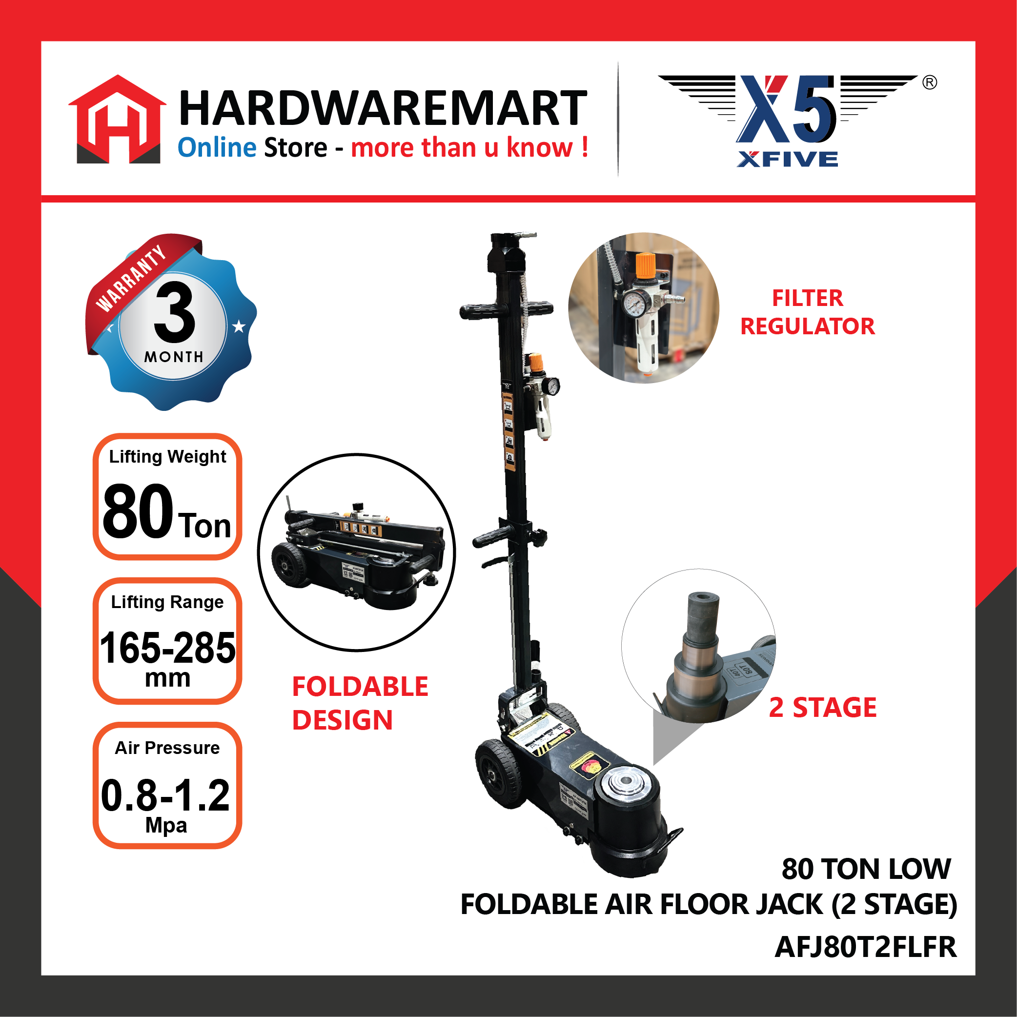 Hardwaremart_X5_template_73_1731564697.png X5 AFJ80T2FLFR 80 TON LOW PROFILE AIR HYDRAULIC FLOOR JACK LIFTING 2-STAGE WITH FILTER REGULATOR (FOLDABLE) - HARDWAREMART